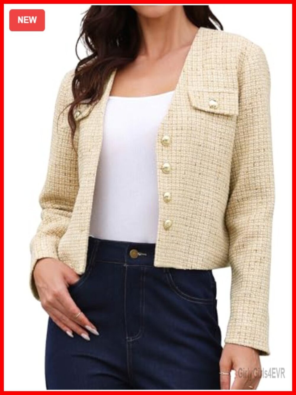 Collarless Tweed Blazer Jacket Button Down Cardigan Office Work